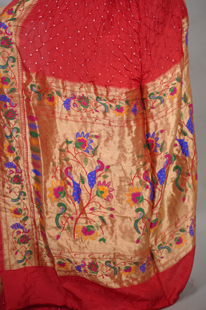 Red Handcrafted Bandhani Paithani Dola Silk Saree | Looms & Tassels