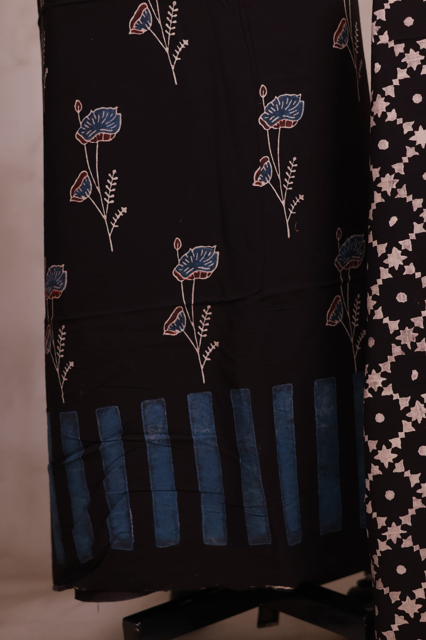 Black Ajrakh Handblock Printed Pure Cotton 2 Piece Suit Set | Looms & Tassels
