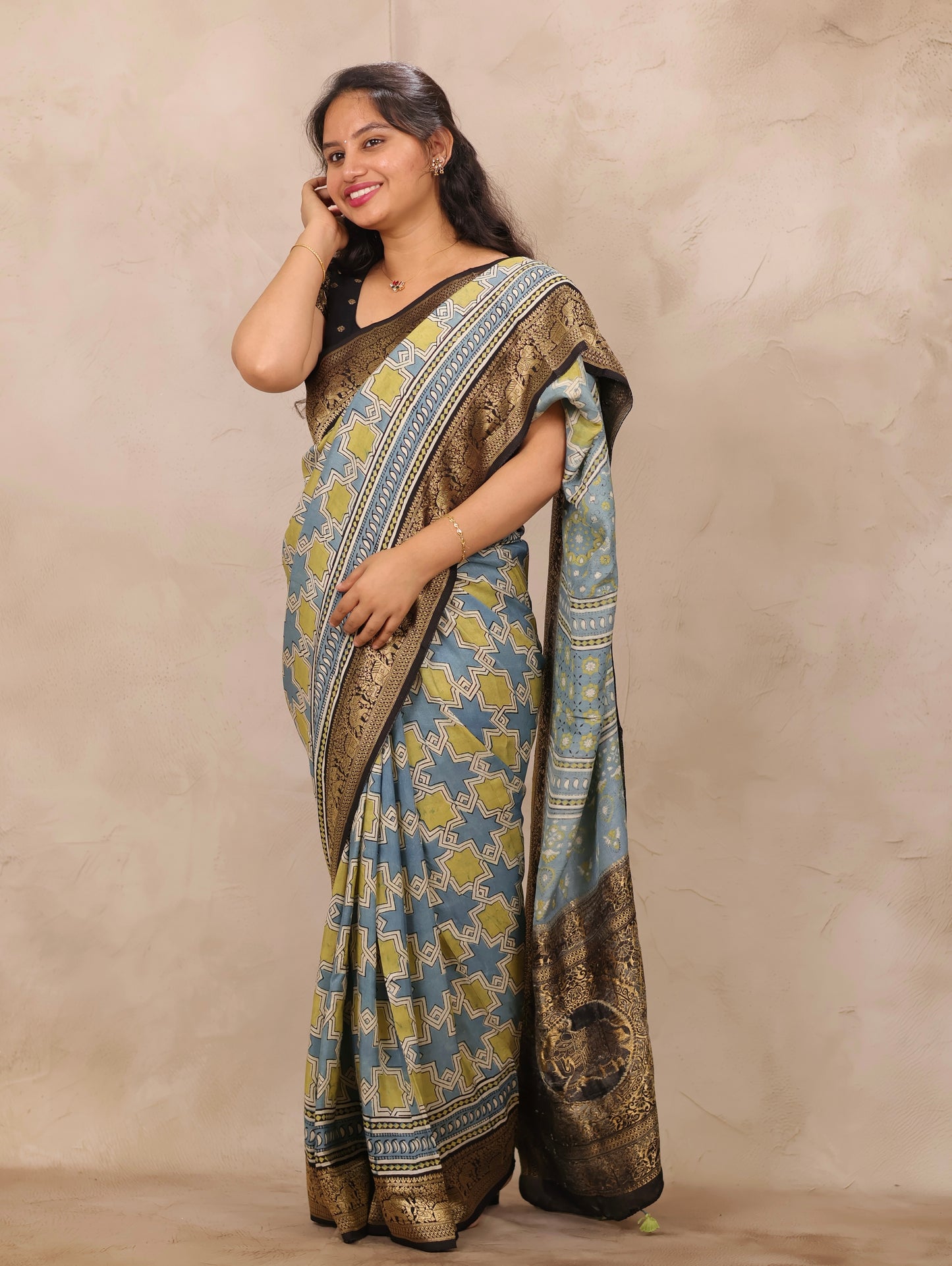 Sky Blue Ajrakh Handblock printed Dola Silk Saree | Looms & Tassels