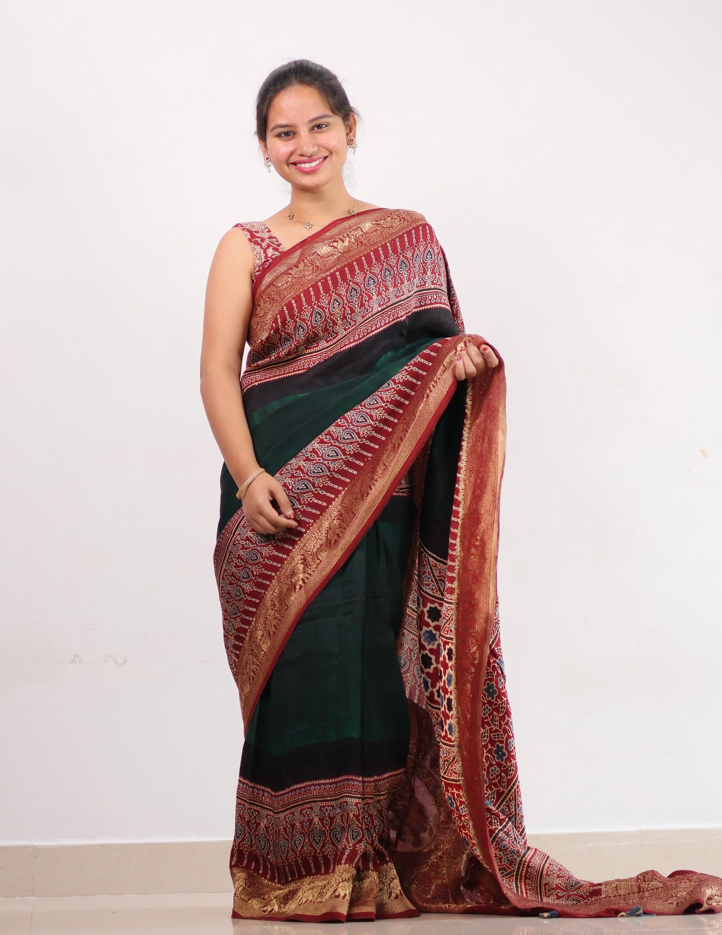 Green Ajrakh Dola Silk Saree