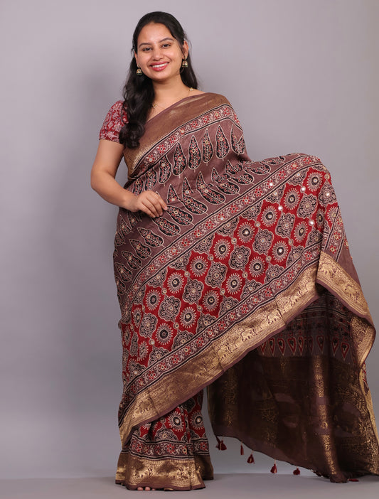 Handcrafted Ajrakh Dola Silk Saree with Authentic Banjara Mirror Work | Looms & Tassel