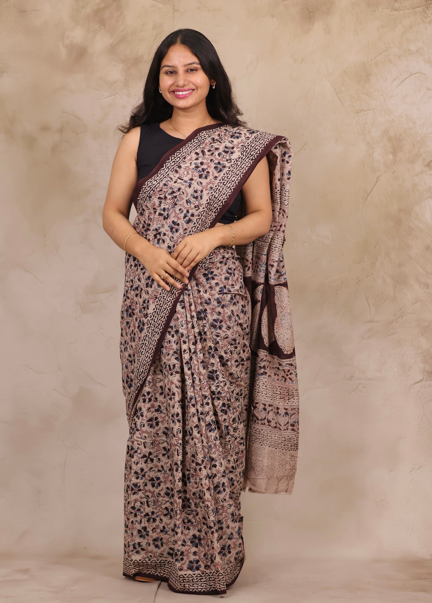 Cream Hand Block Printed Kalamkari Cotton Saree | Looms & Tassels