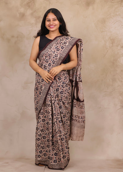 Cream Hand Block Printed Kalamkari Cotton Saree | Looms & Tassels