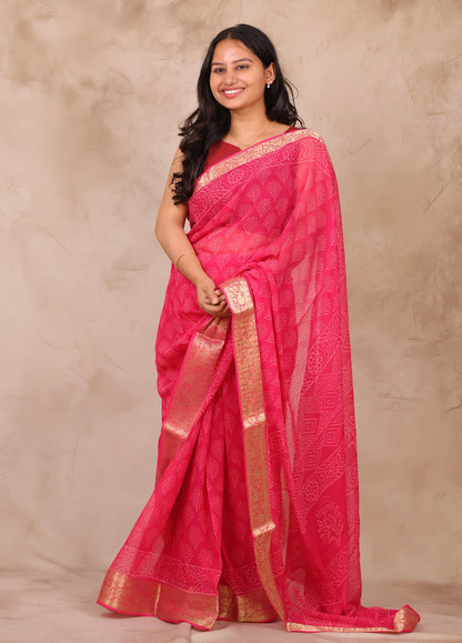 Pink Chiffon Hand Block Printed Saree with Jari Border | Looms & Tassels