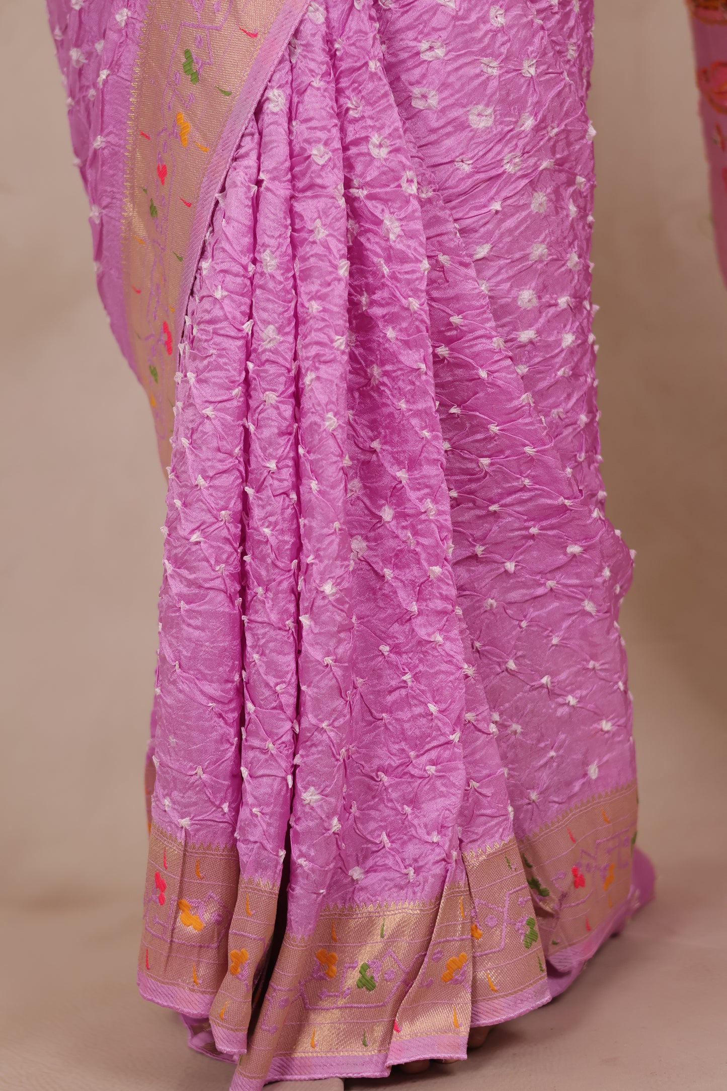 Pastel Lavender Handcrafted Bandhani Paithani Dola Silk Saree | Looms & Tassels