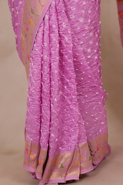 Pastel Lavender Handcrafted Bandhani Paithani Dola Silk Saree | Looms & Tassels