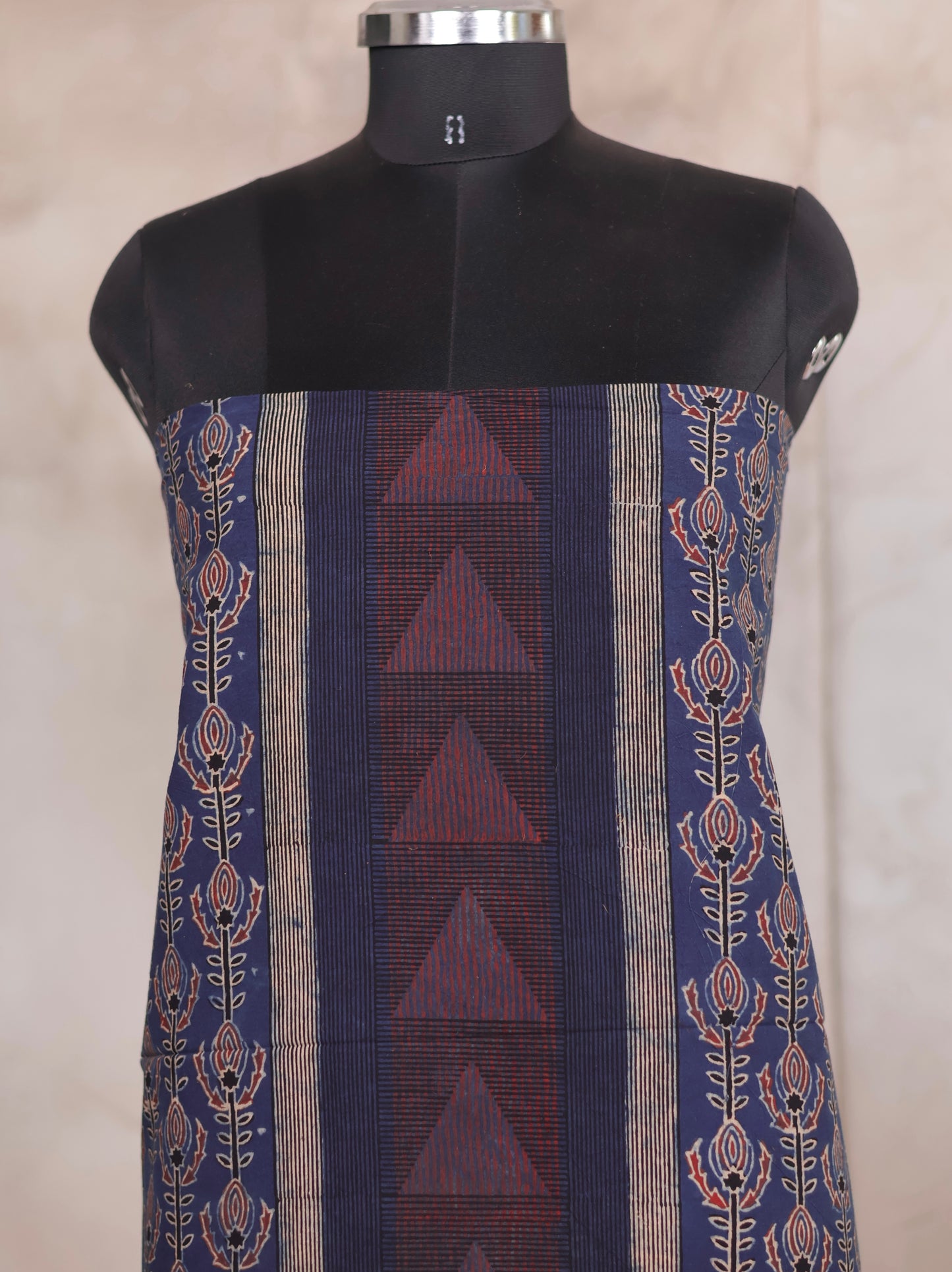 Indigo Ajrakh Handblock Printed Pure Cotton 3 piece suit set | Looms & Tassels