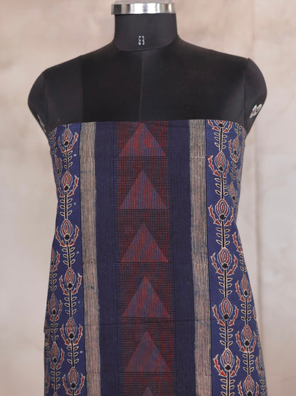 Indigo Ajrakh Handblock Printed Pure Cotton 3 piece suit set | Looms & Tassels