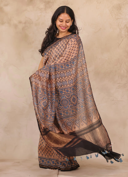 Maheswari Silk Cotton Ajrakh Handblock Printed Saree | Looms & Tassels