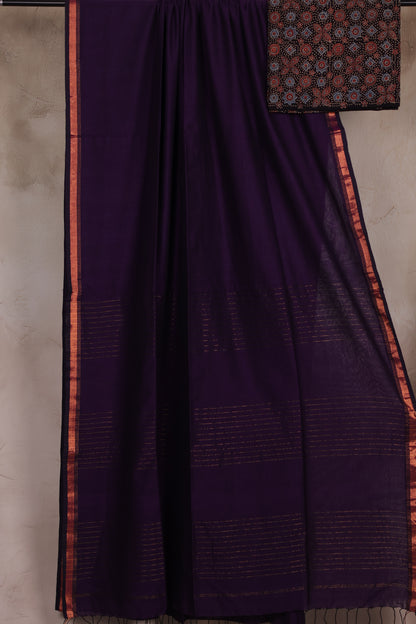 Handwoven Malai Cotton Saree with Sequence Work with Ajrakh blouse piece