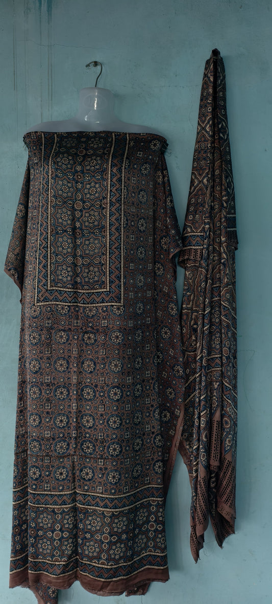 Handblock printed Ajrakh modal silk 2 piece suit set