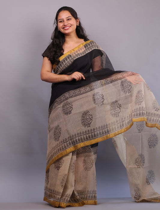 Pure Kota Doria Saree with Bagru Handblock Prints – Black & Cream | Looms&Tassels
