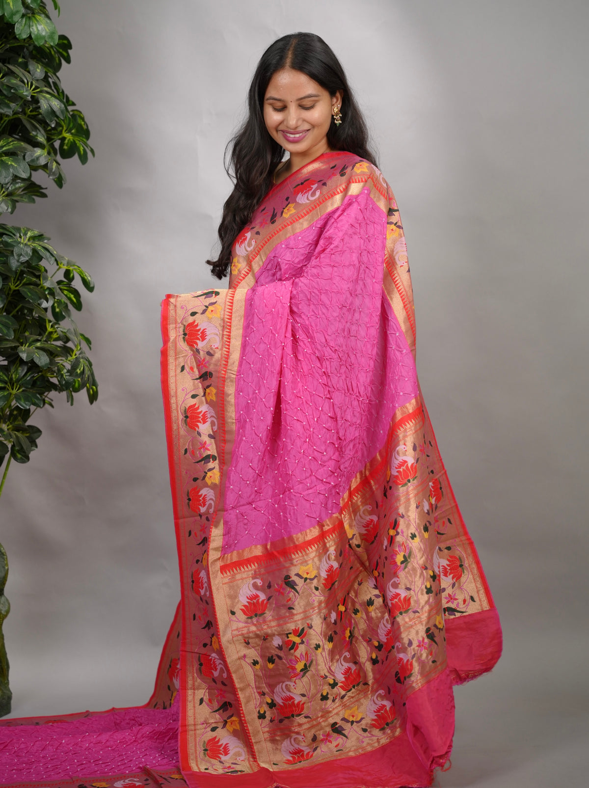 Pink Handcrafted Bandhani Paithani Dola Silk Saree | Looms & Tassels
