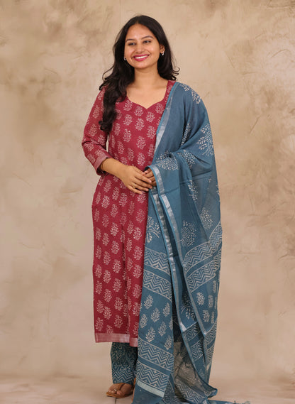 Dusty Rose Linen Cotton Handblock printed 3 piece suit (stitched)