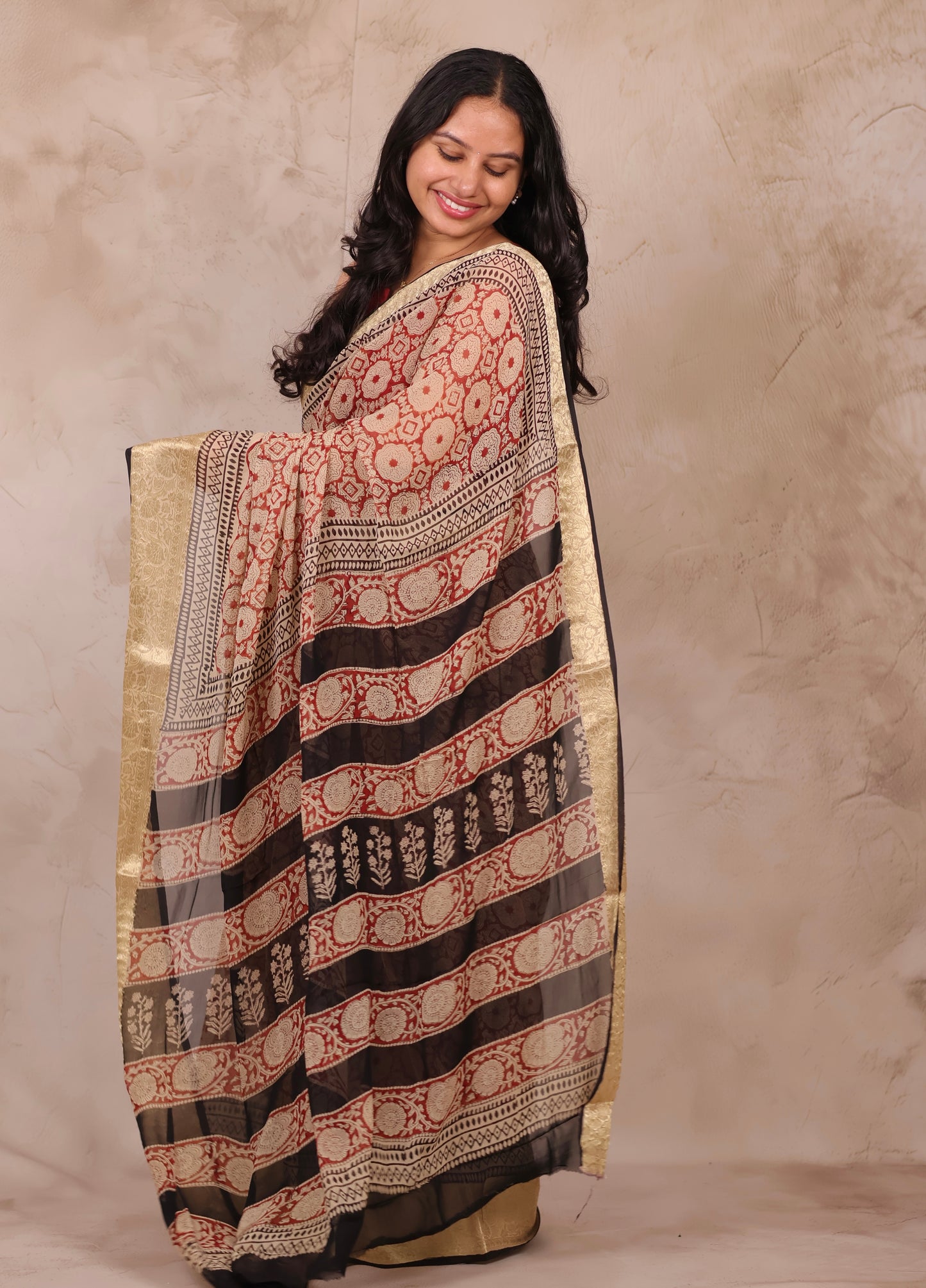 Maroon Chiffon Hand Block Printed Saree with Jari Border | Looms & Tassels
