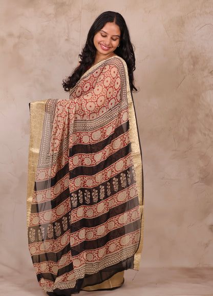 Maroon Chiffon Hand Block Printed Saree with Jari Border | Looms & Tassels