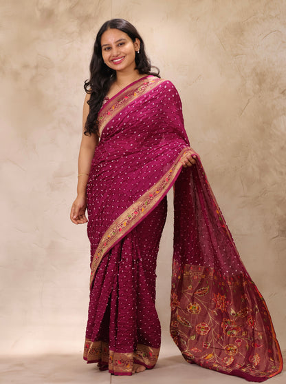 Magenta Handcrafted Bandhani Paithani Dola Silk Saree | Looms & Tassels