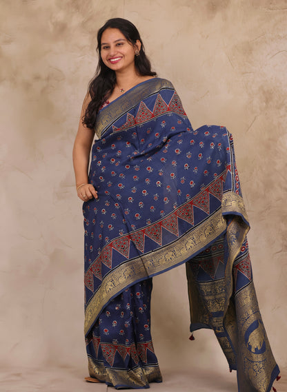 Indigo Floral Ajrakh Handblock printed Dola Silk Saree | Looms & Tassels