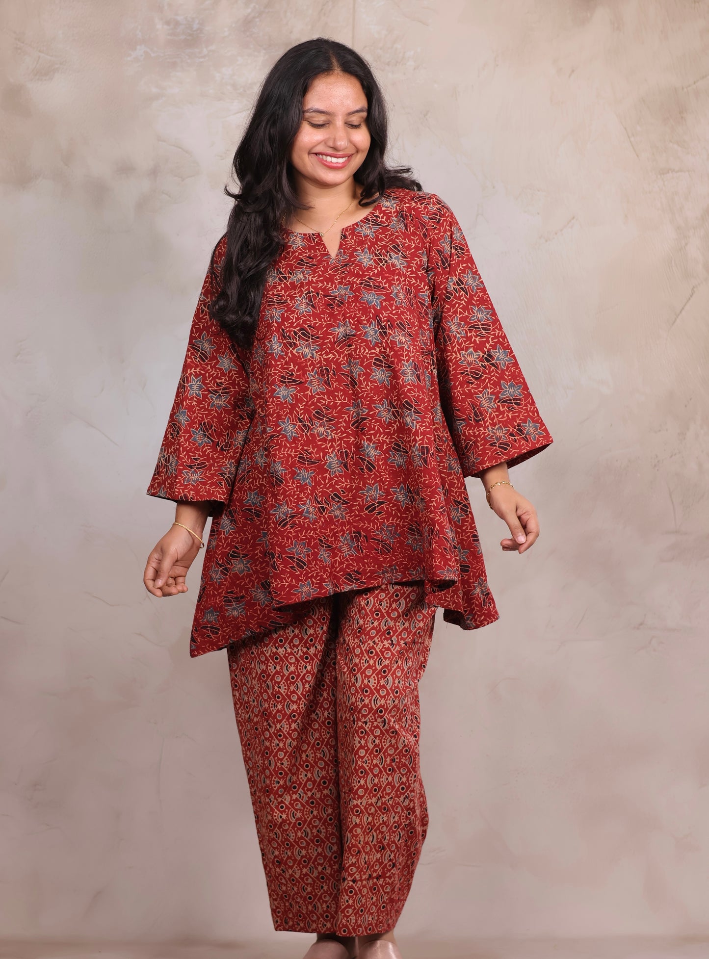Red Ajrakh Handblock Printed Co-ord Set (Pure Cotton ) | Looms & Tassels