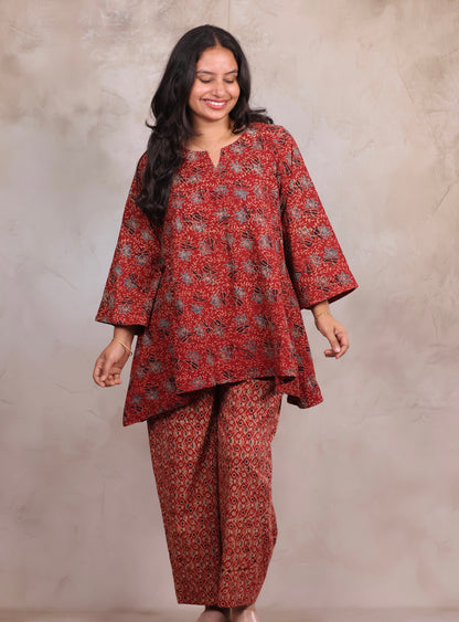 Red Ajrakh Handblock Printed Co-ord Set (Pure Cotton ) | Looms & Tassels