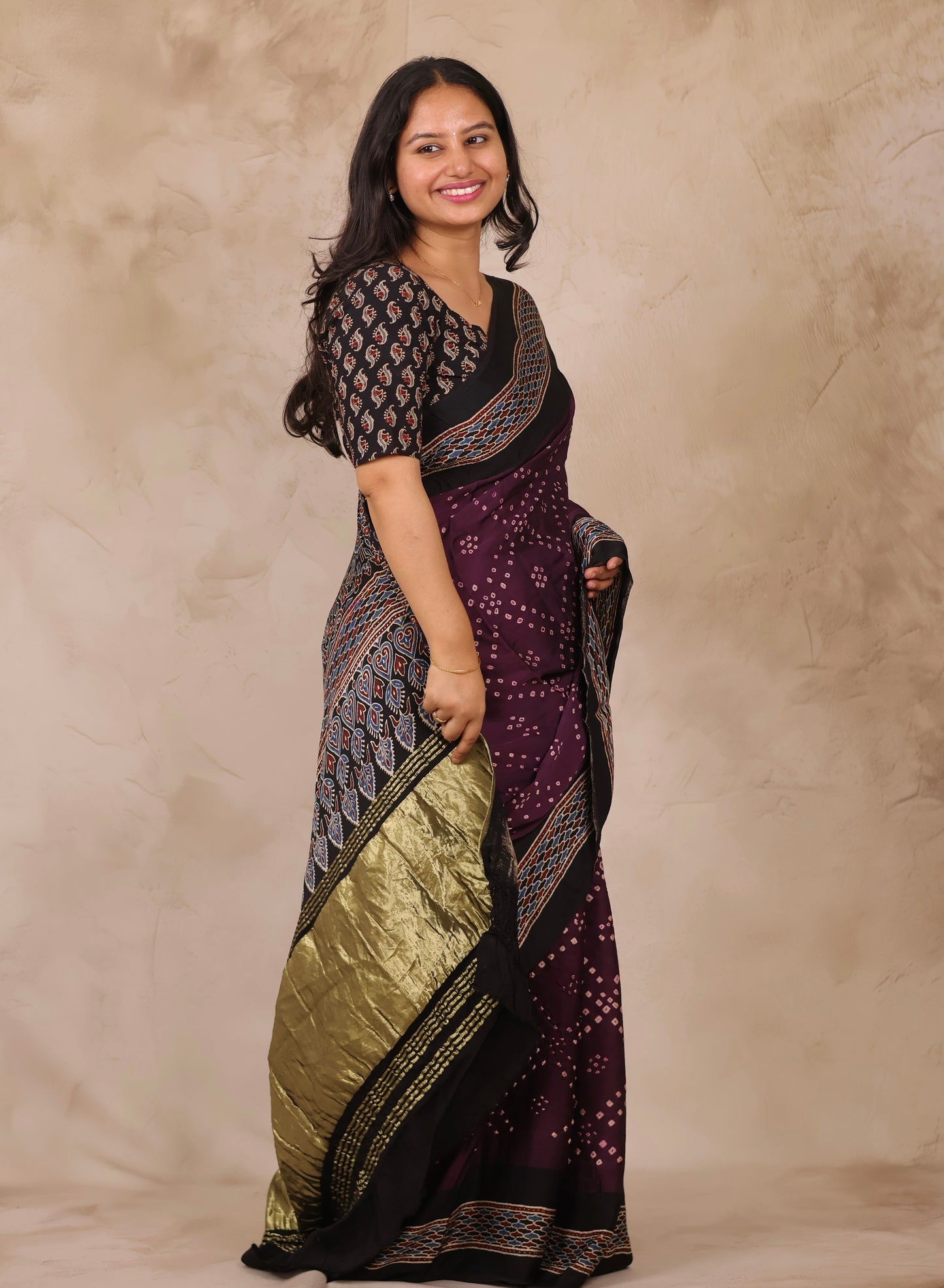 Jamun Hand Knotted Bandhej Arakh Modal Silk Saree with Lagdi Pallu | Looms & Tassels