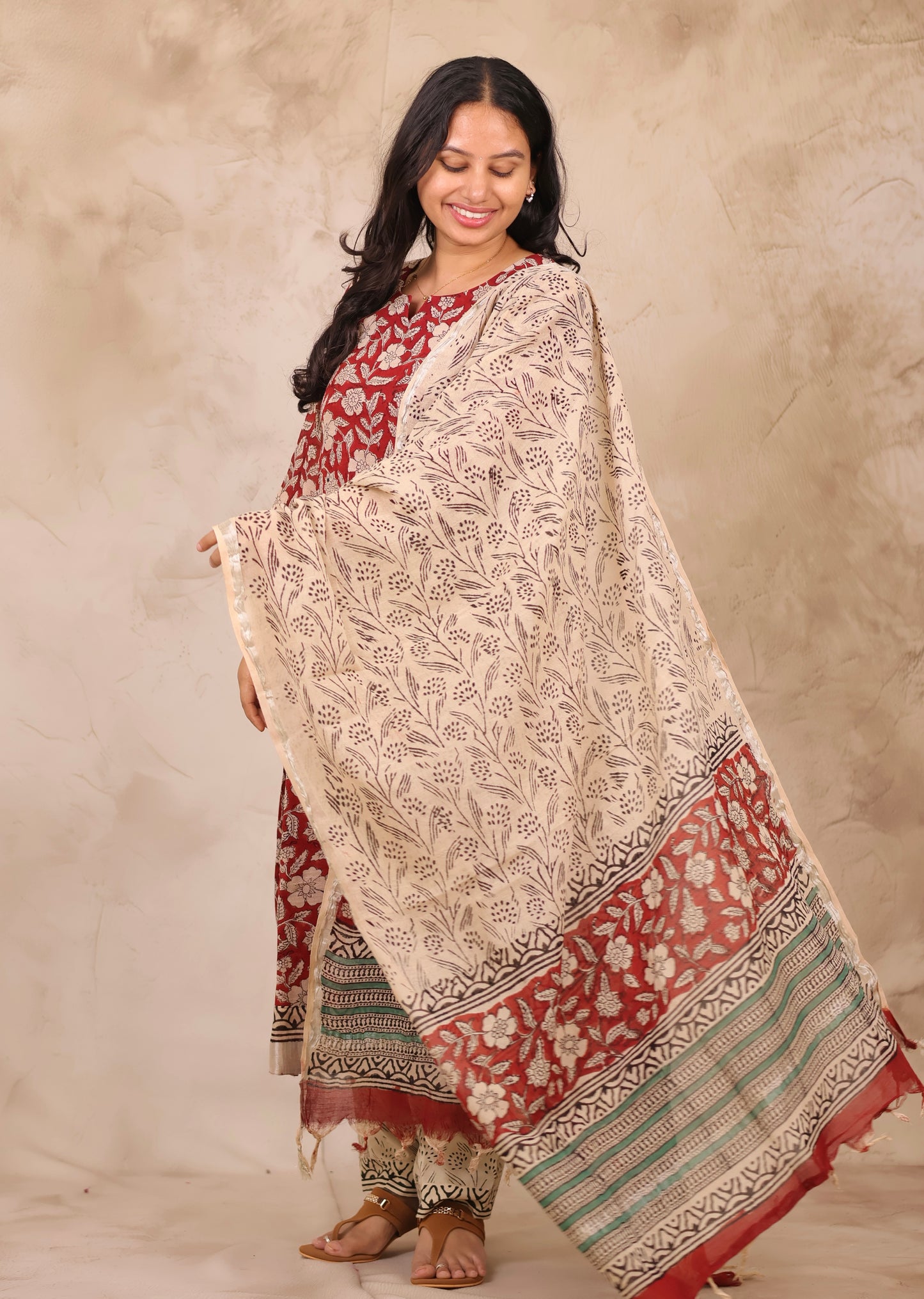 Maroon Linen Cotton Handblock printed 3 piece suit (stitched)