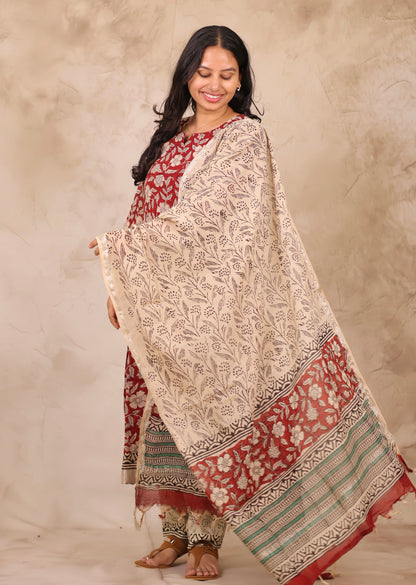 Maroon Linen Cotton Handblock printed 3 piece suit (stitched)