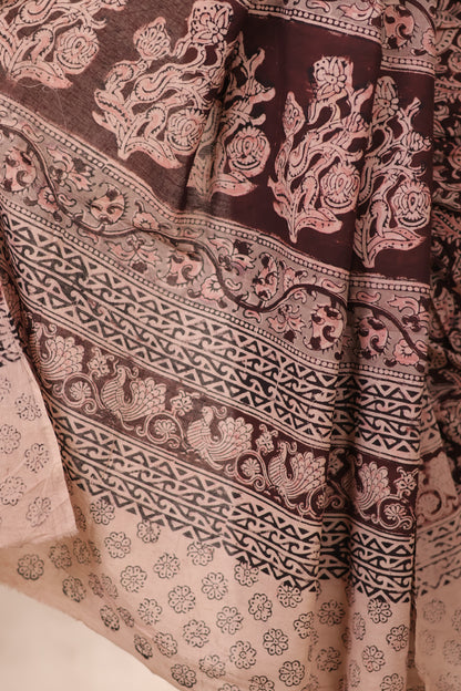 Deep Maroon Hand Block Printed Kalamkari Cotton Saree | Looms & Tassels
