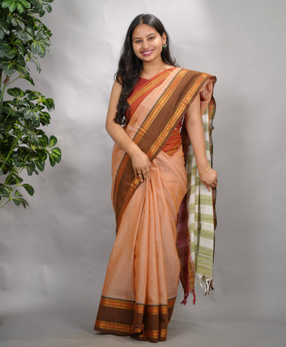 Peach Narayanpet Cotton Saree With Ganga And Jamuna Border | Looms & Tassels