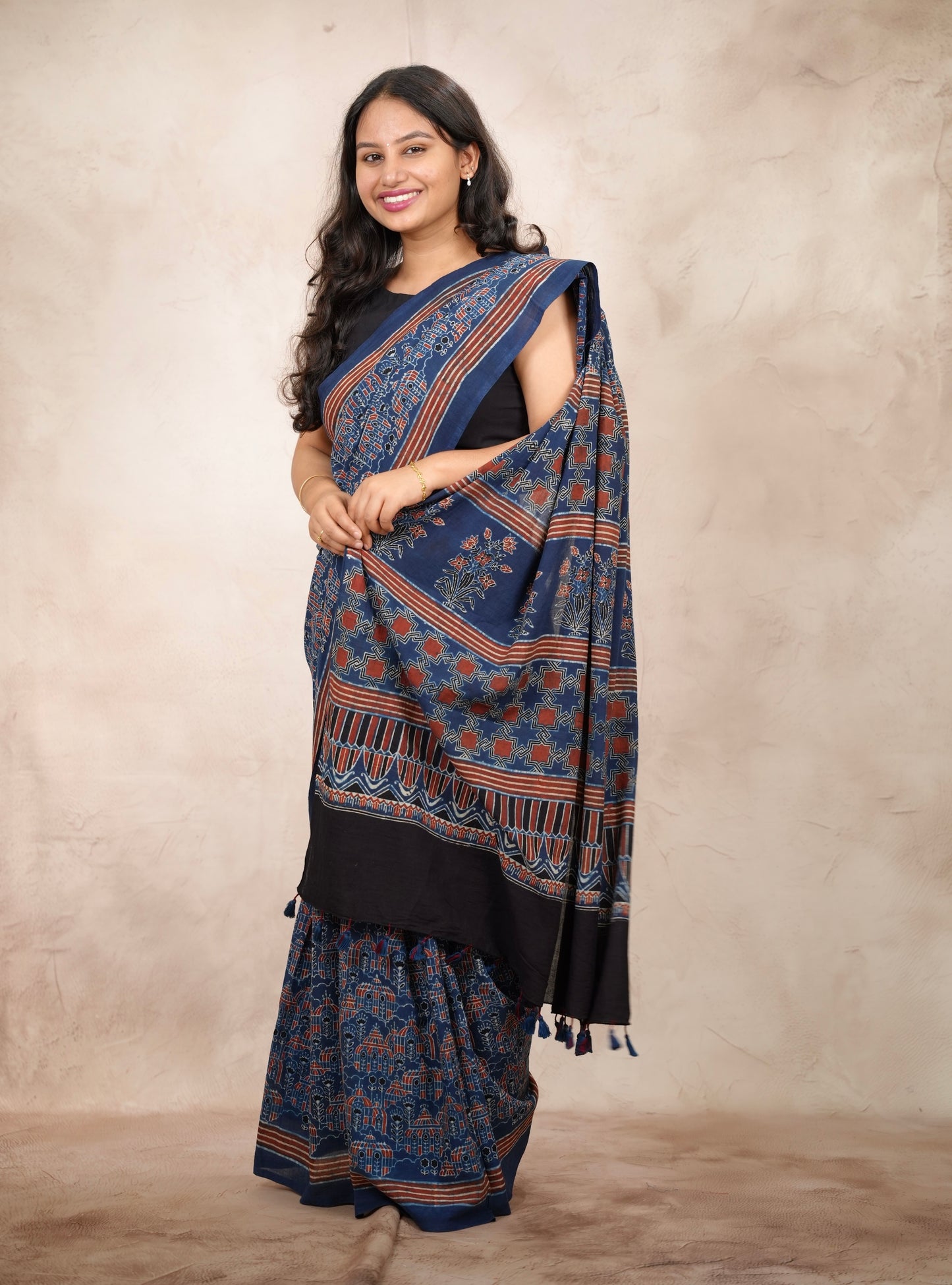 Indigo Ajrakh Hand Block Printed Cotton Saree | Looms & Tassels
