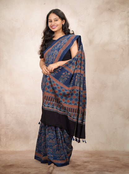 Indigo Ajrakh Hand Block Printed Cotton Saree | Looms & Tassels