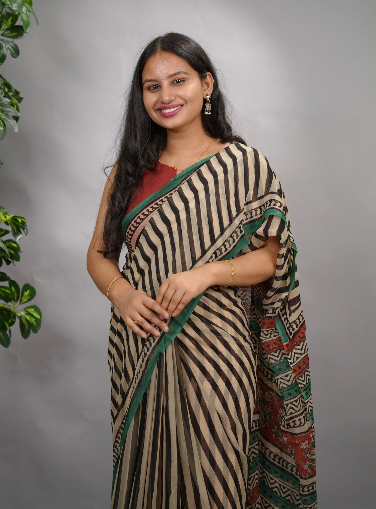 Stripes Chiffon Hand Block Printed Saree | Looms & Tassels