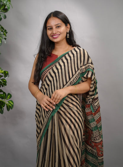 Stripes Chiffon Hand Block Printed Saree | Looms & Tassels