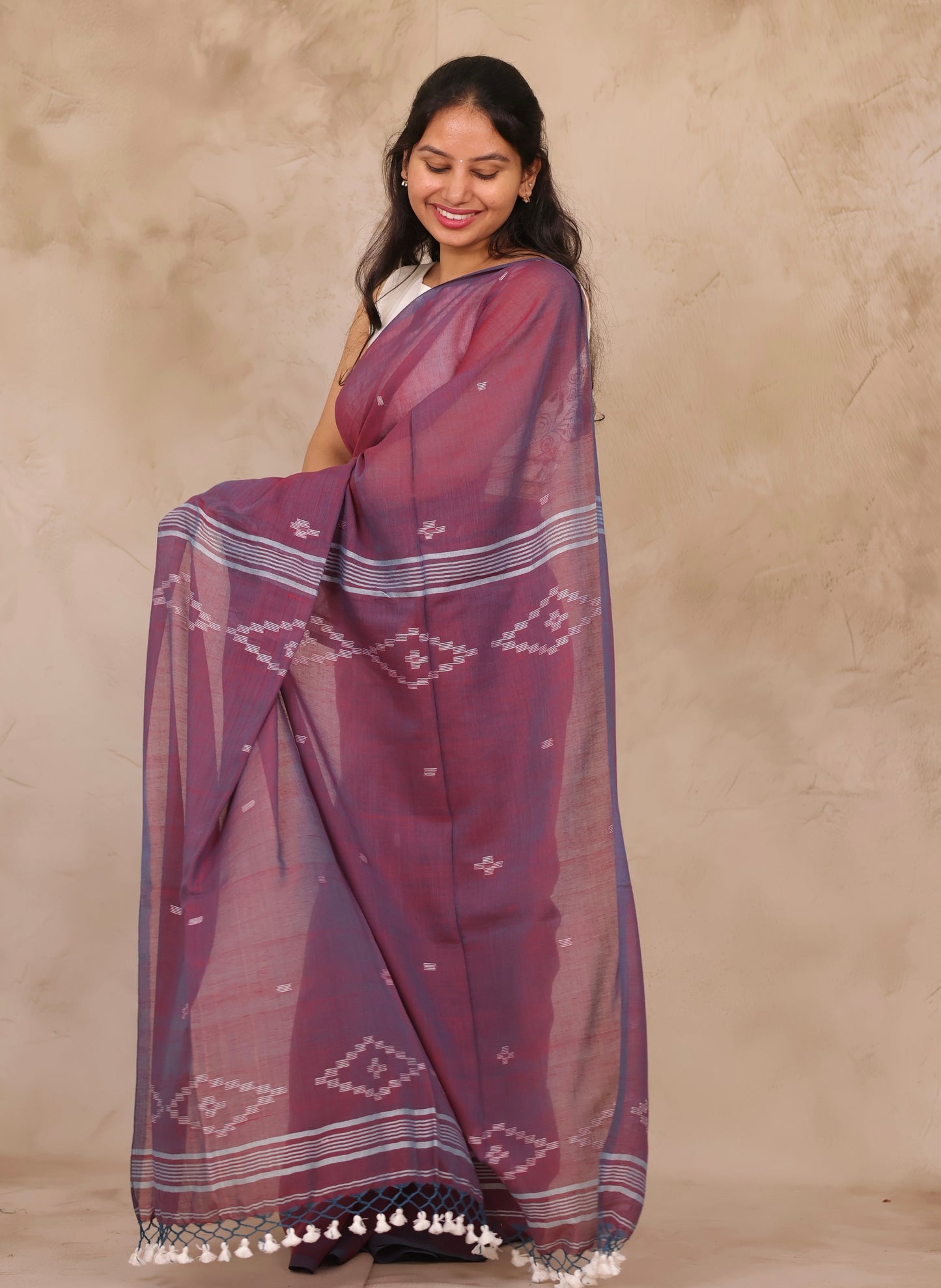 Dual Shade Purple Malai Cotton Saree with Butta Weaving | Looms & Tassels