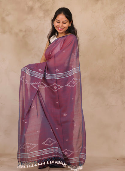 Dual Shade Purple Malai Cotton Saree with Butta Weaving | Looms & Tassels
