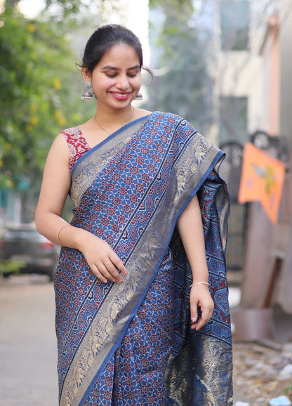 Indigo Ajrakh Dola Silk Saree