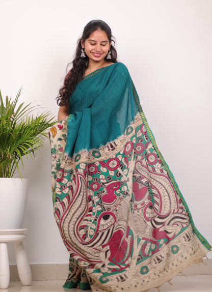 Peacock Green Plain Gap Border Kalamkari Premium Chennur Silk Handcrafted Saree