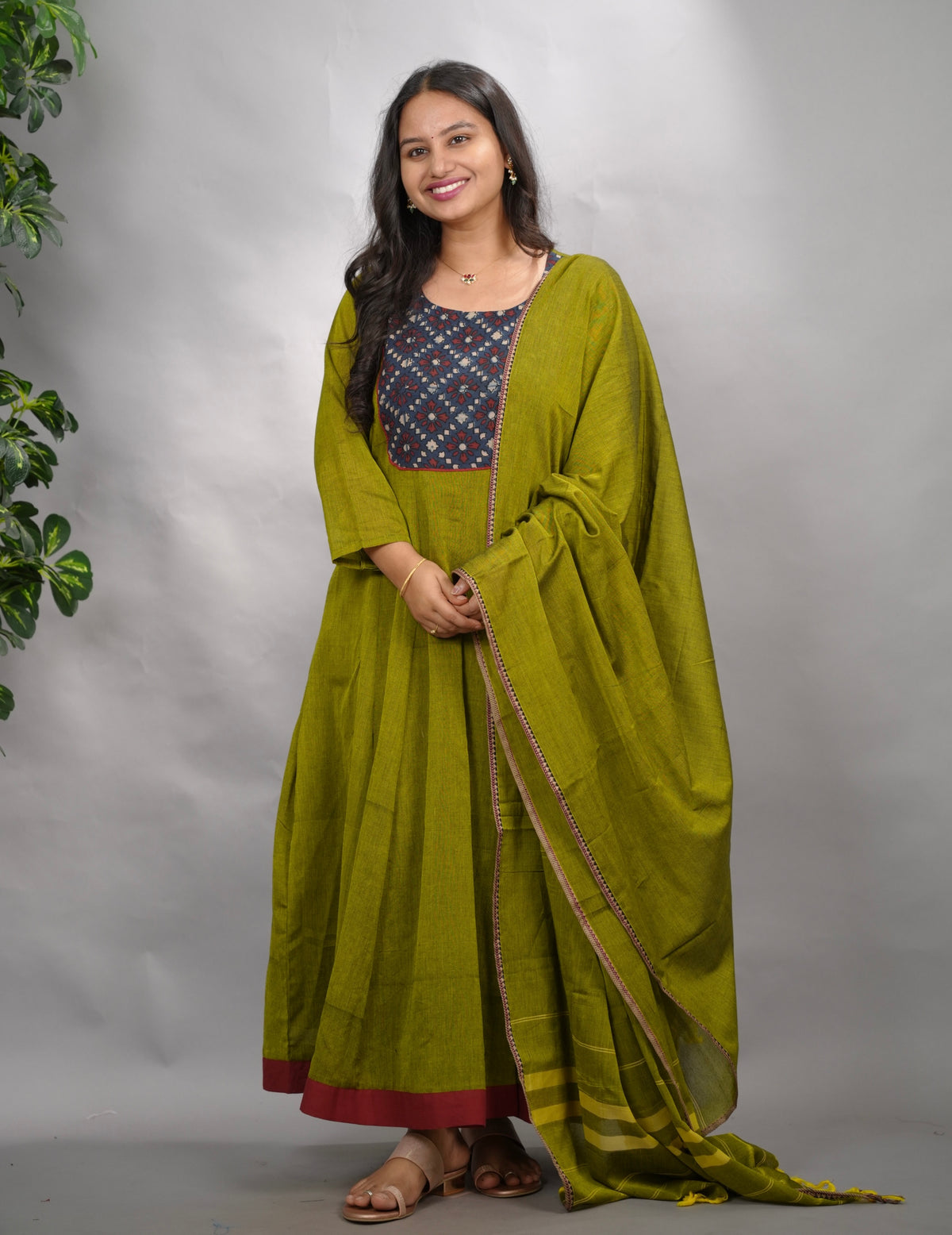 Green Ajrakh Patch Work Narayanpet Cotton Anarkali Dress with Narayanpet Dupatta | Looms & Tassels