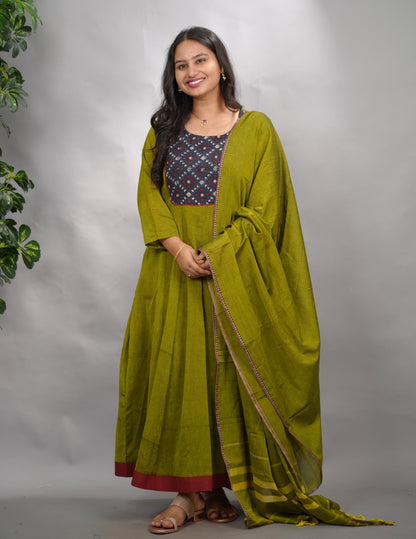 Green Ajrakh Patch Work Narayanpet Cotton Anarkali Dress with Narayanpet Dupatta | Looms & Tassels