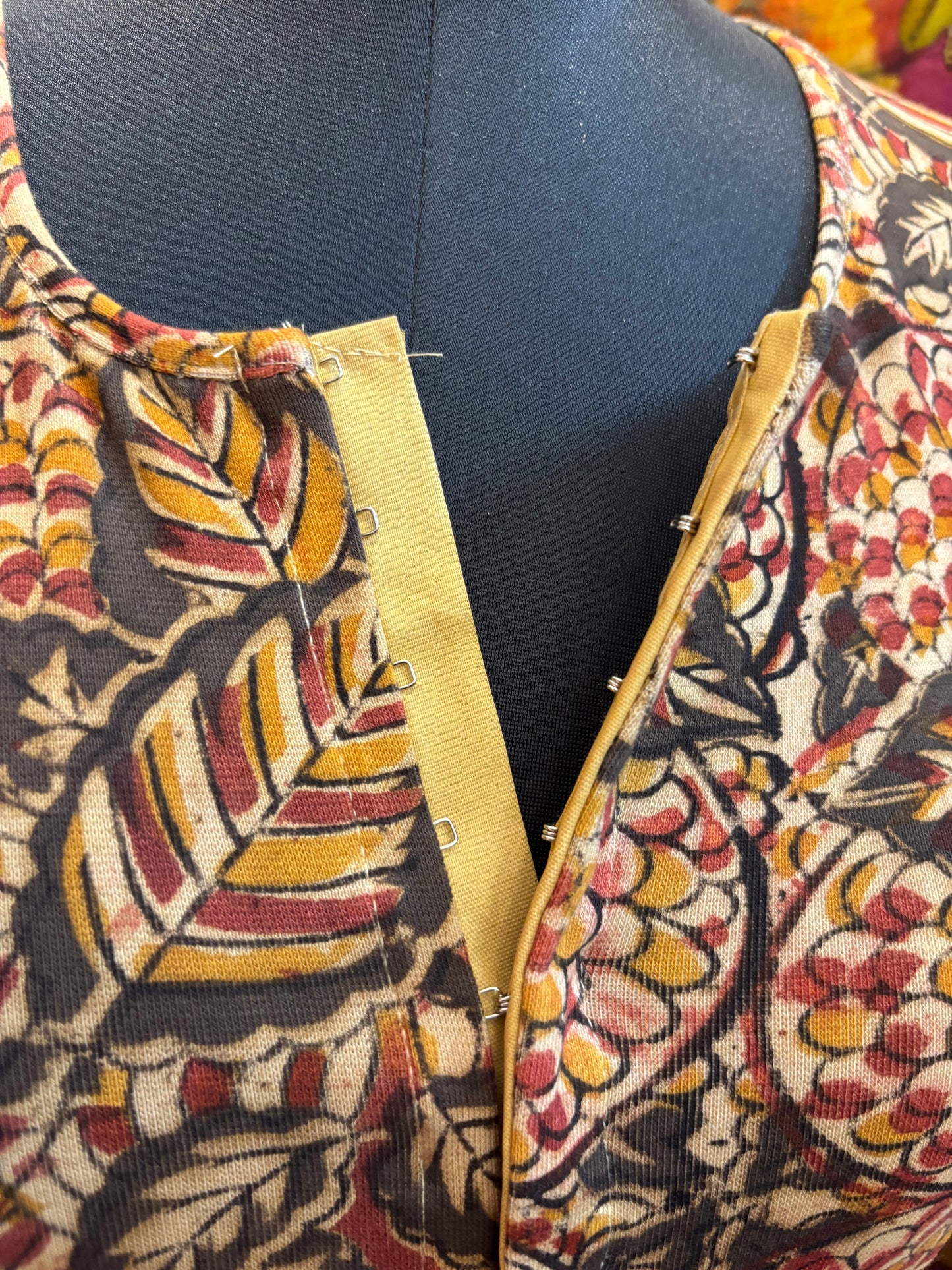 Round neck Stretchable Hand block printed kalamkari blouse with front hooks