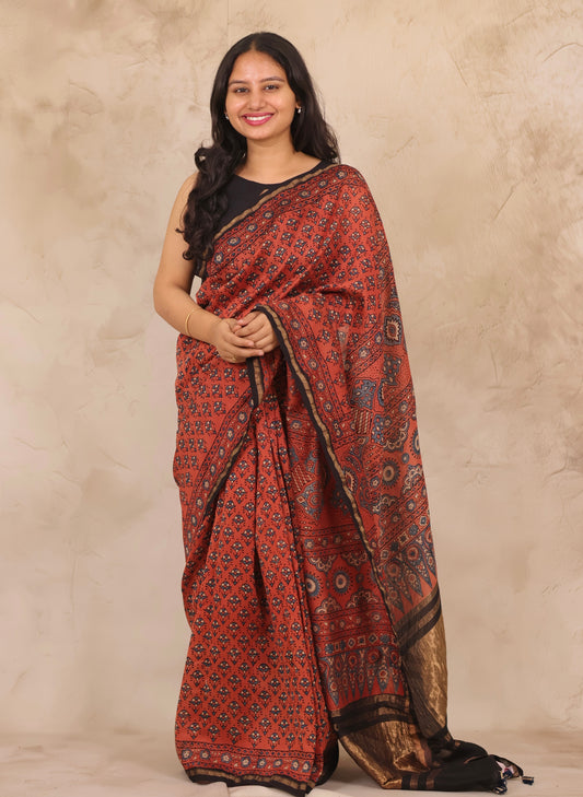 Chanderi Silk Cotton Ajrakh Handblock Printed Saree | Looms & Tassels