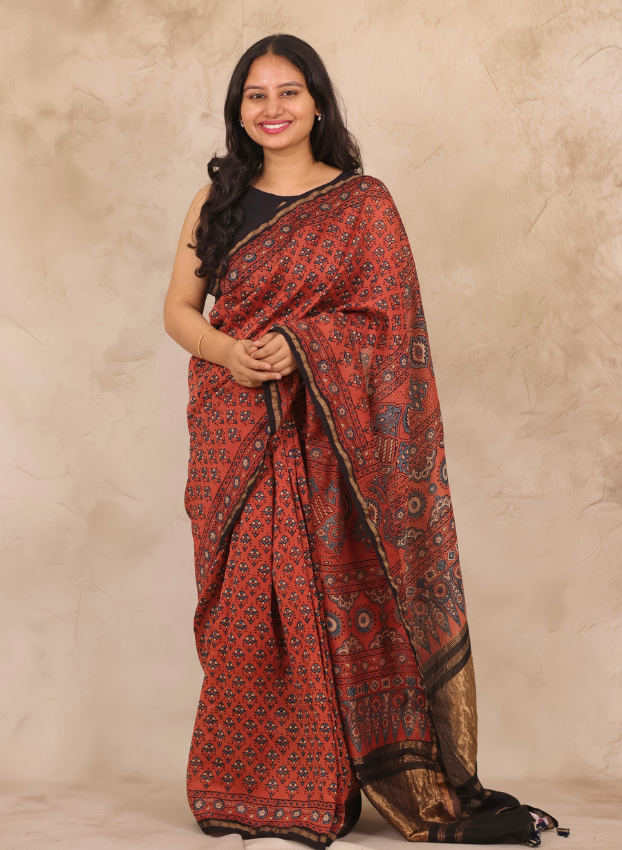 Chanderi Silk Cotton Ajrakh Handblock Printed Saree | Looms & Tassels