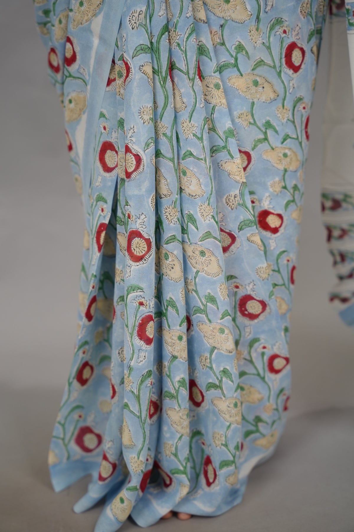 Powder Blue Georgette Hand Block Printed Saree| Looms & Tassels