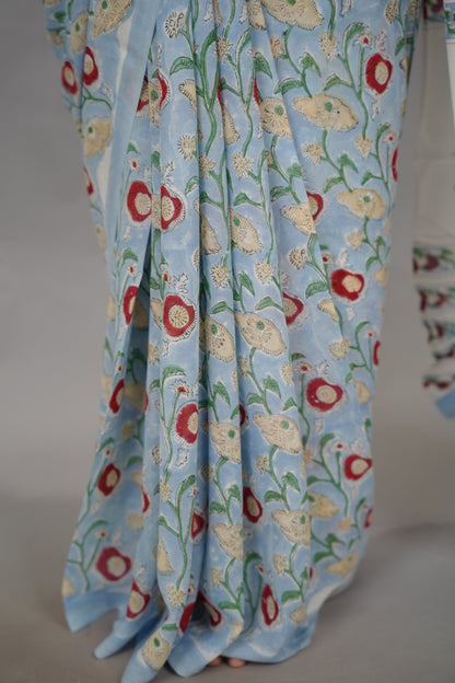Powder Blue Georgette Hand Block Printed Saree| Looms & Tassels