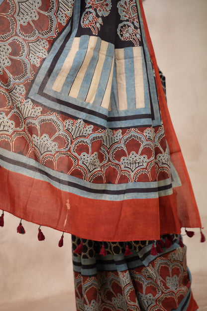 Black & Red Ajrakh Hand Block Printed Cotton Saree | Looms & Tassels