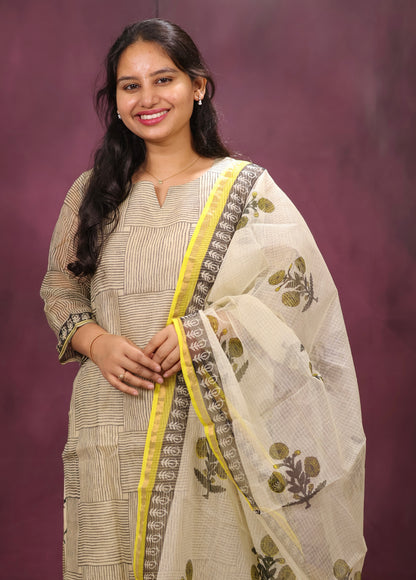 Cream Handblock printed kota 3 piece suit (stitched)
