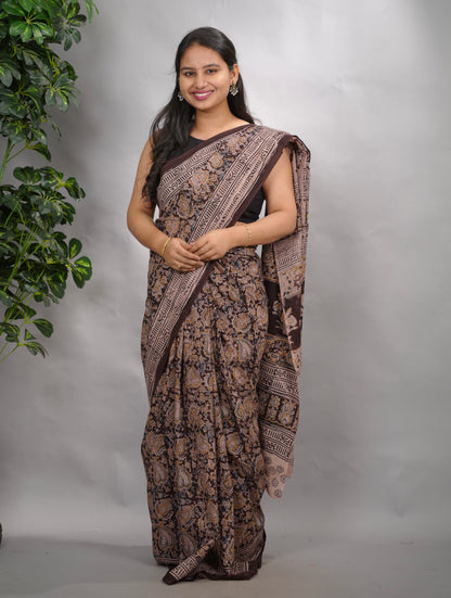 Brown Hand Block Printed Kalamkari Cotton Saree | Looms & Tassels