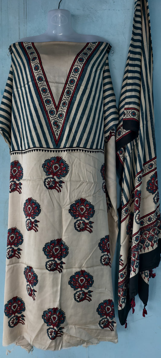 Handblock printed Ajrakh modal silk 2 piece suit set
