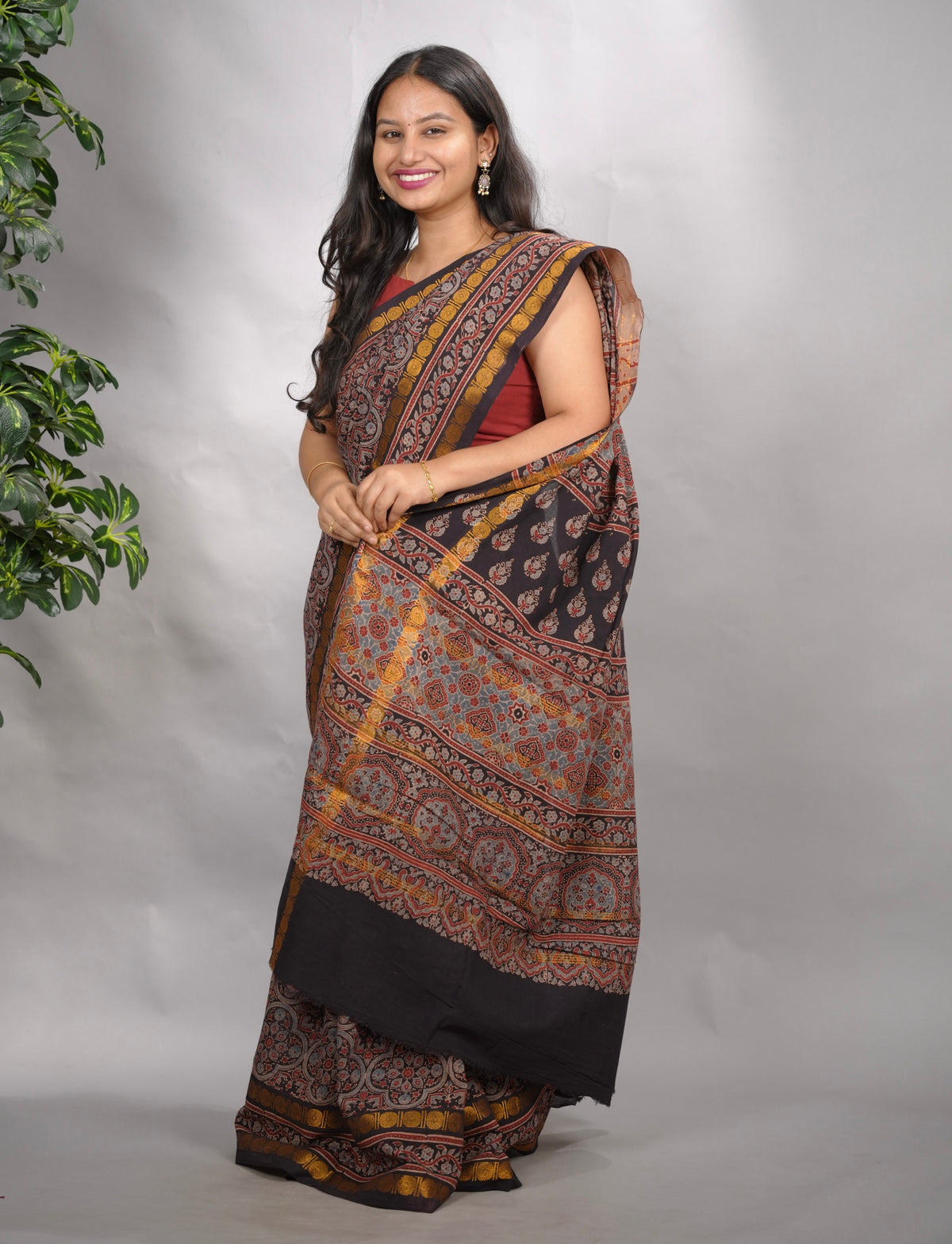 Black Ajrakh Hand Block Printed Sungudi Cotton Saree | Looms & Tassels