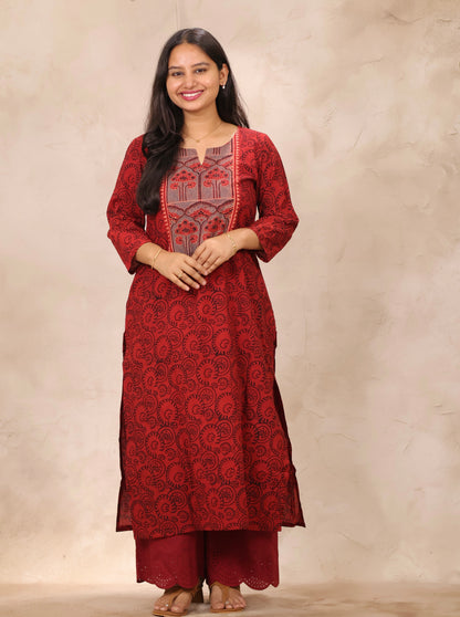 Red & Black Ajrakh Pattern Hand Block Cotton printed Kurti | Looms & Tassels